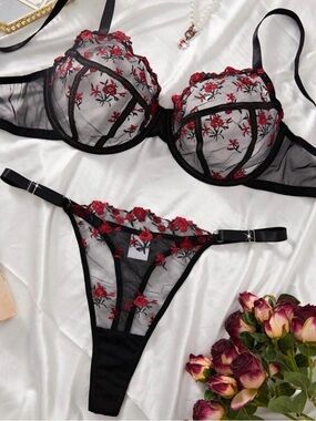 Sheer Black Bra & Thong Set with Red Rose Embroidery